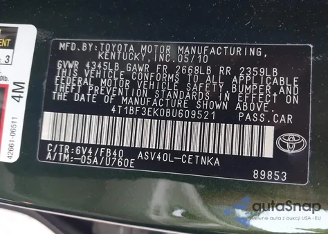 2011 Toyota Camry Le from USA, damaged, VIN 4T1BF3EK0BU609521